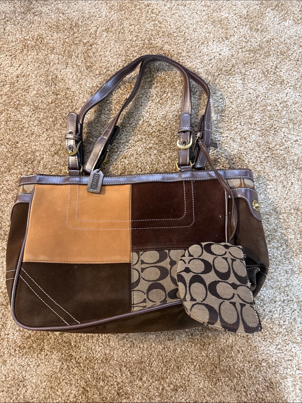 Coach Patchwork Suede & Canvas Shoulder Bag in Brown/Tan